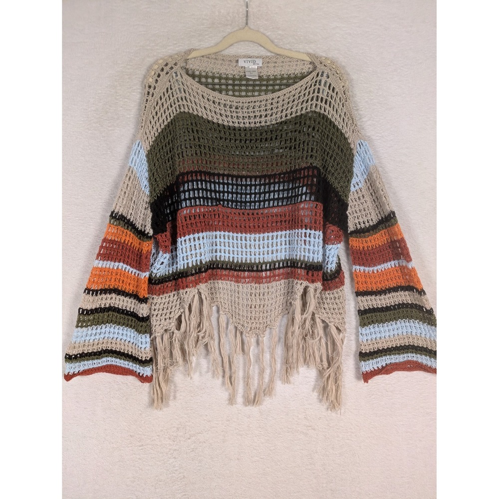 Vivid New York Sweater Women's XL Multicolor Striped Crochet Fringe Boho